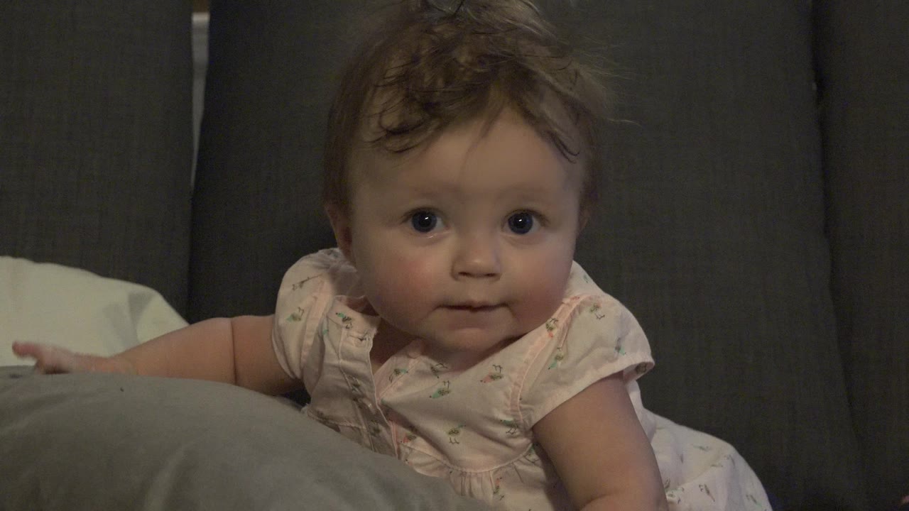 Toddler girl in Westminster, Colorado faces forward beside dark gray couch cushions, with a pale pillow edge in the foreground.