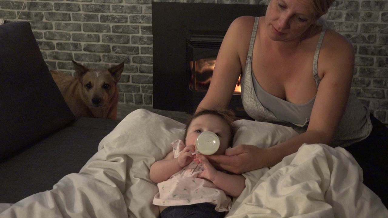 Woman feeding a baby with a bottle beside a fireplace and dog.