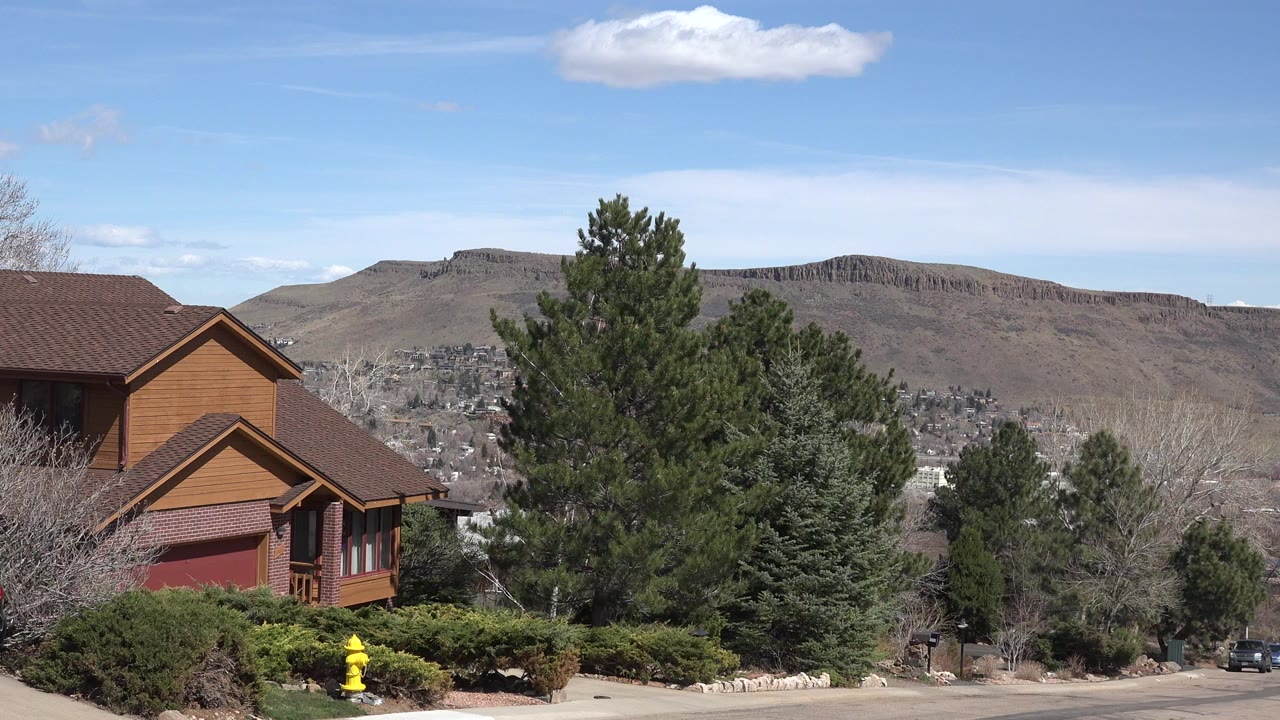 Wood-sided house beside trees with foothills behind it