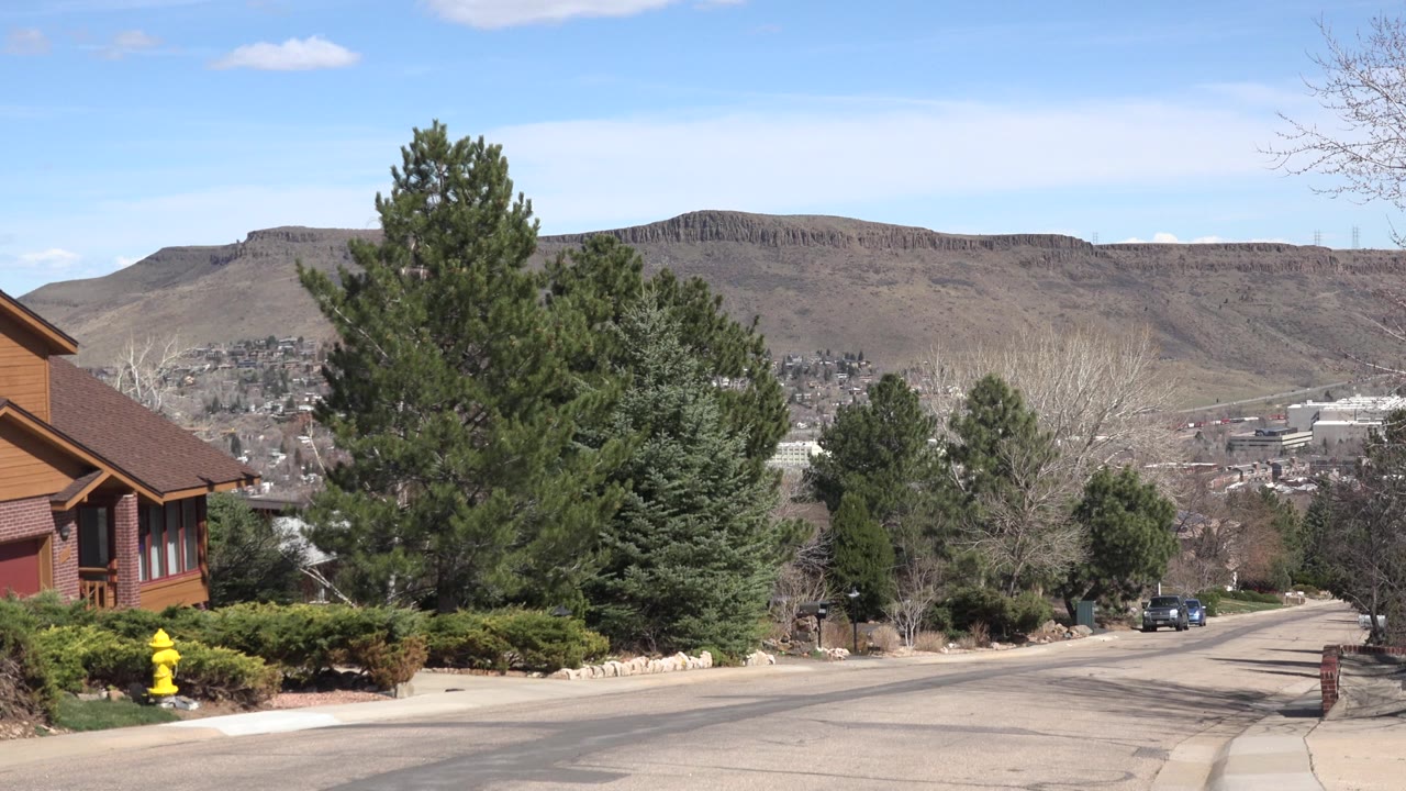 A slightly later Westminster, Colorado view keeps the wood home on the left edge, the road curving downhill, evergreens and bare branches in the middle distance, distant cars, and no visible people.