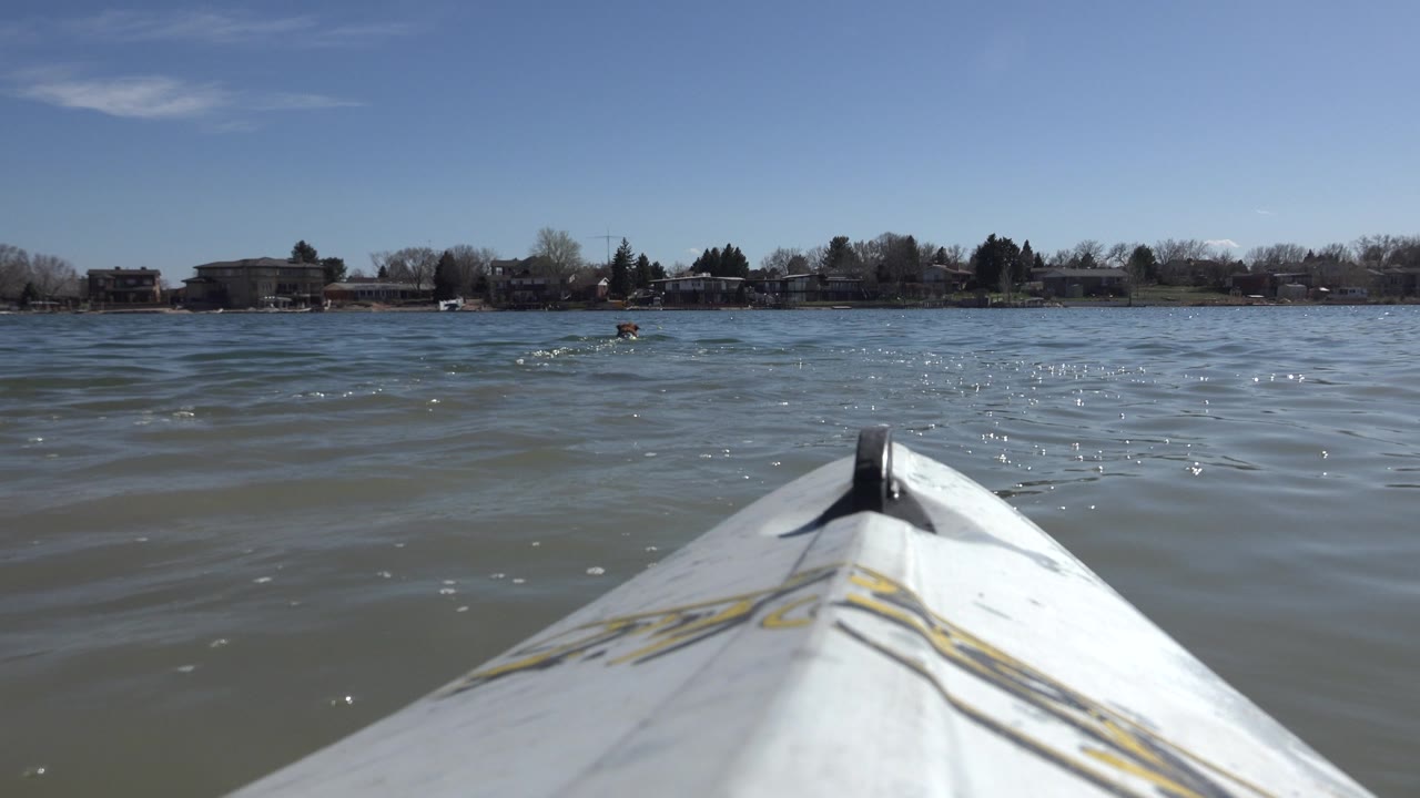 White bow points across lake toward distant trees and buildings.