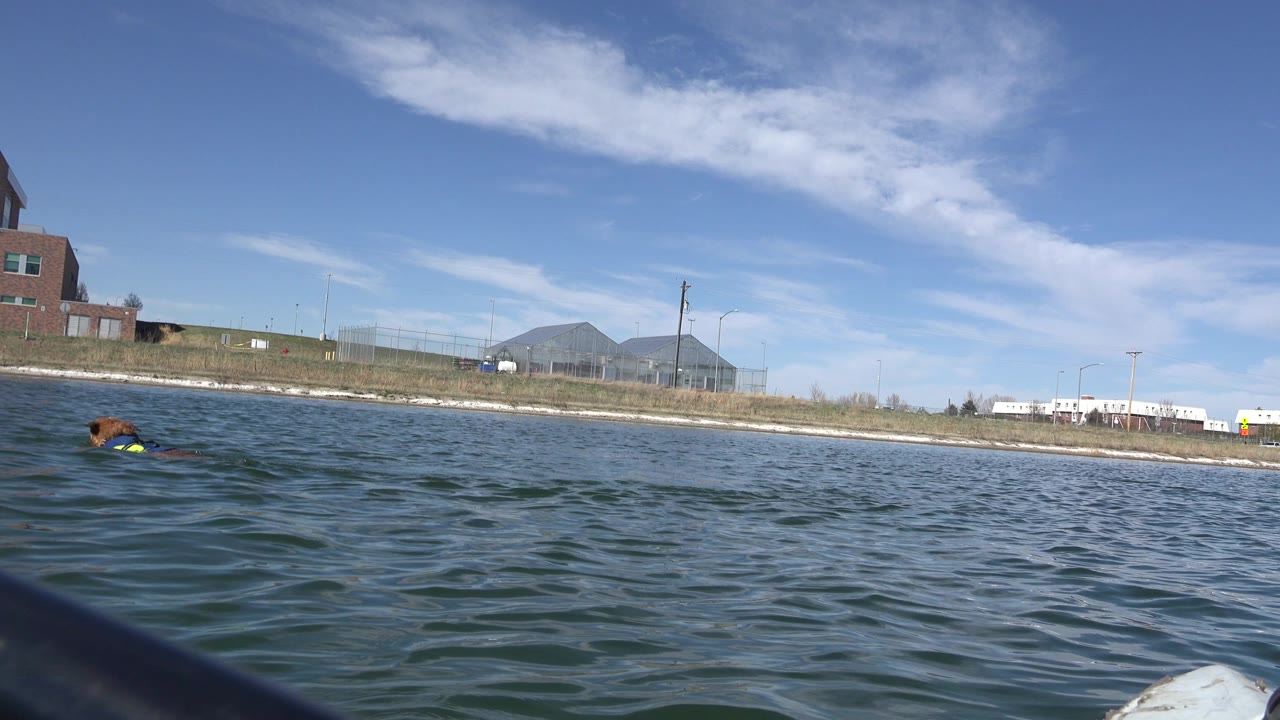 The water-level view continues at Hidden Lake, Colorado, with the dog slightly farther across the rippled lake and the brick building, shoreline fence, and mountains behind it, with no visible people.
