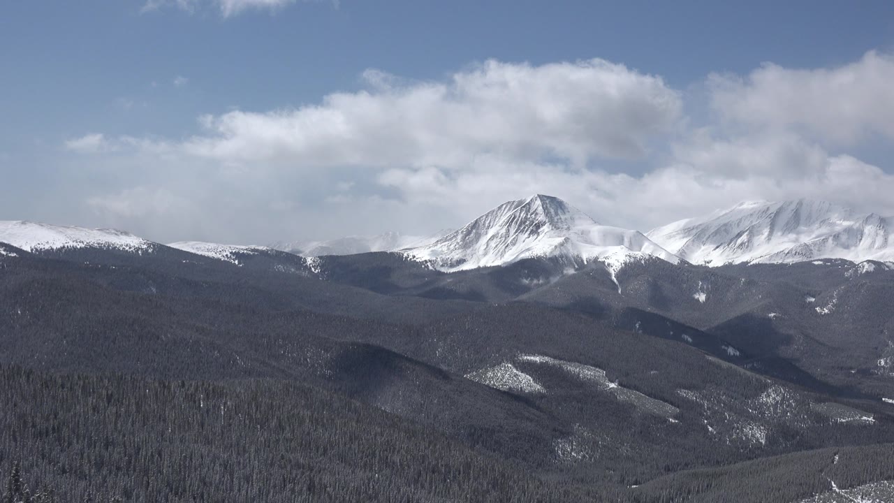 Wide view of snow-covered mountain peaks and layered forested slopes in Keystone, Colorado, with blue sky and no visible people.