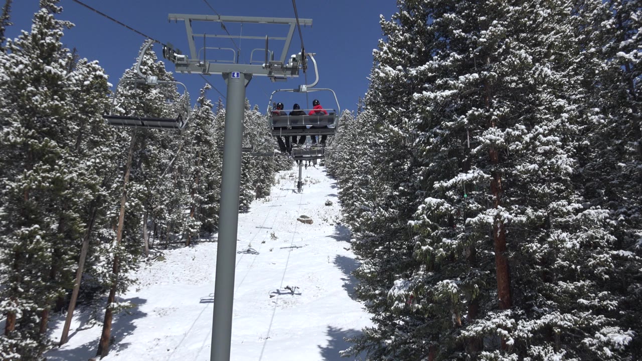 Snowy chairlift corridor through evergreen trees