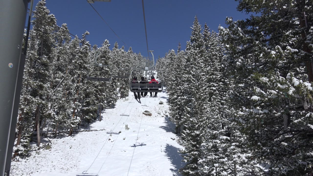 Snowy chairlift line above an evergreen ski run.