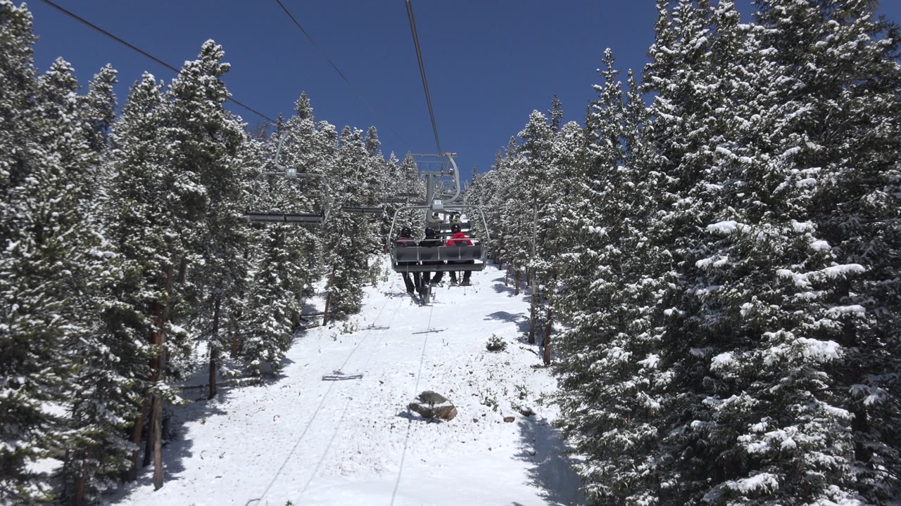 Chairlift moving above a snowy evergreen corridor.