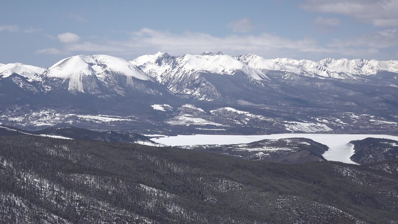 Wide view of a Keystone, Colorado valley with dark wooded slopes, a pale snow-covered basin, snow-capped mountains, blue sky, and no visible people.
