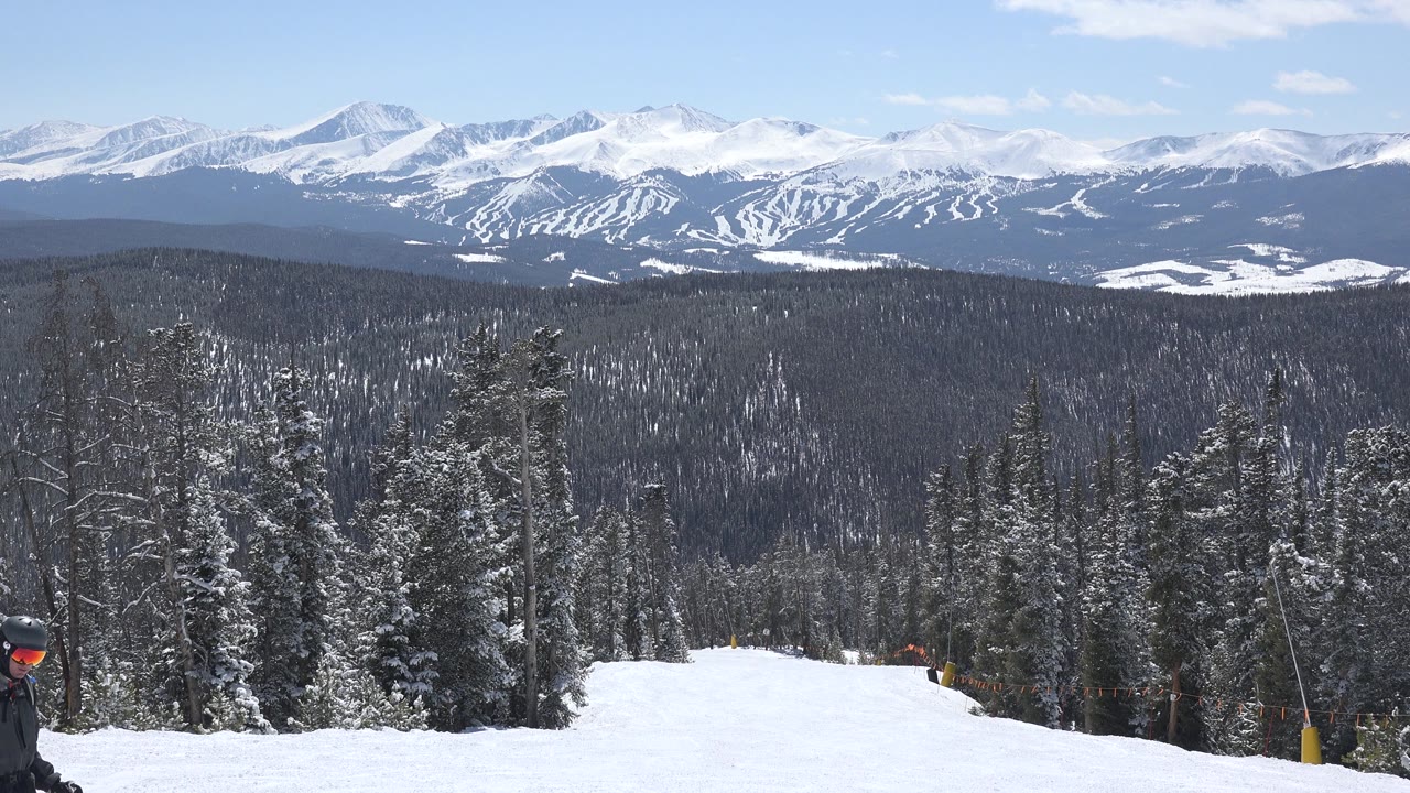 Snowy forest foreground with mountains and skier at edge