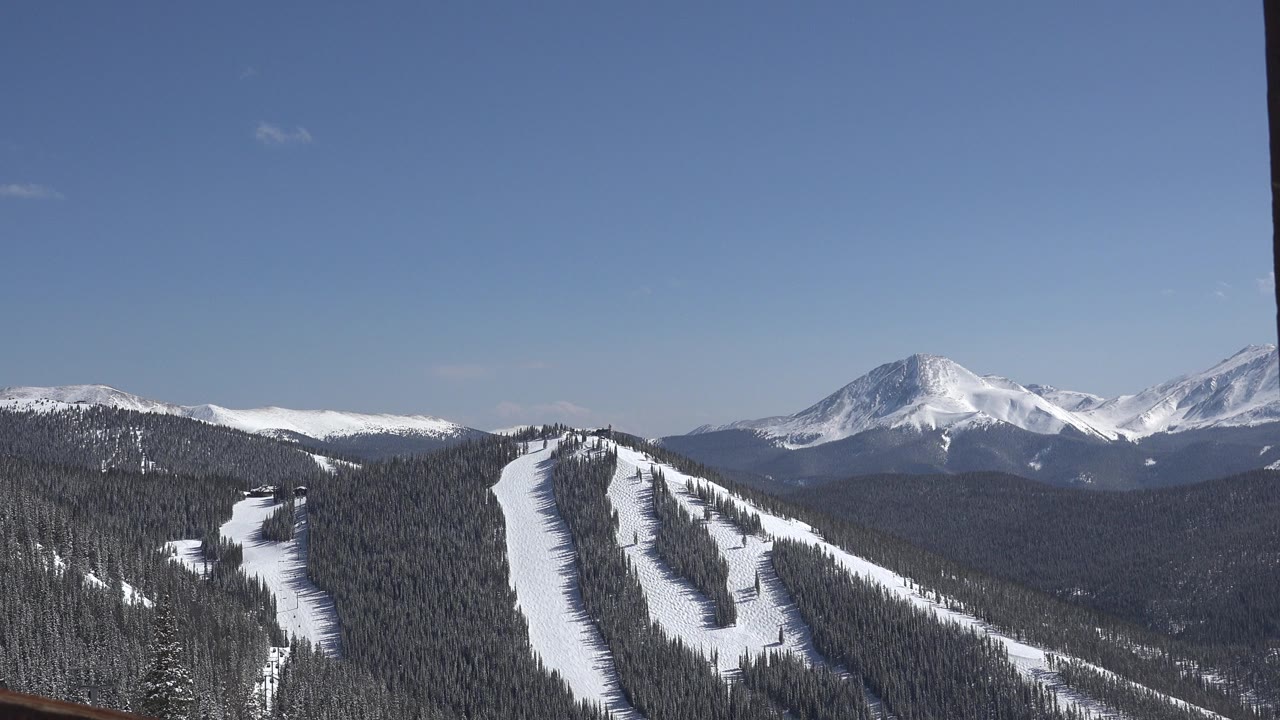 Keystone, Colorado snow-covered mountain ridges and forested ski runs appear under a clear blue sky, with no visible people.