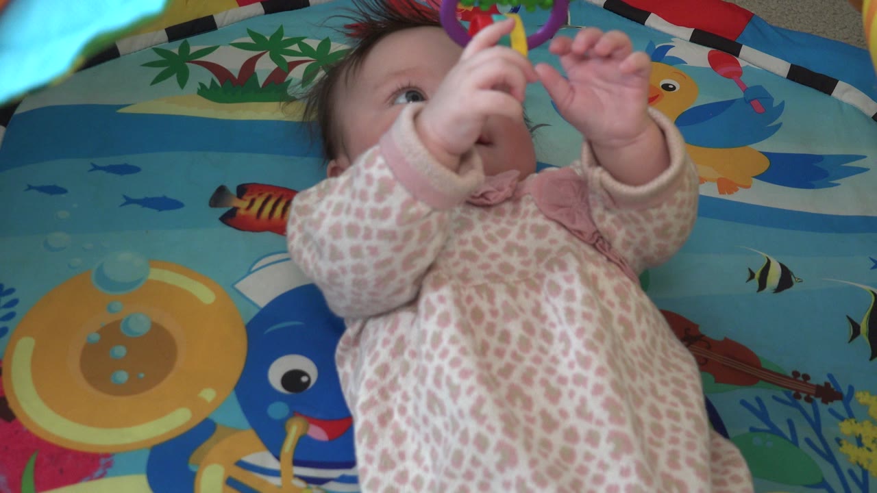 The baby remains on the bright fish-and-duck play mat in Westminster, Colorado, looking upward as small hands reach toward purple and green toy rings.