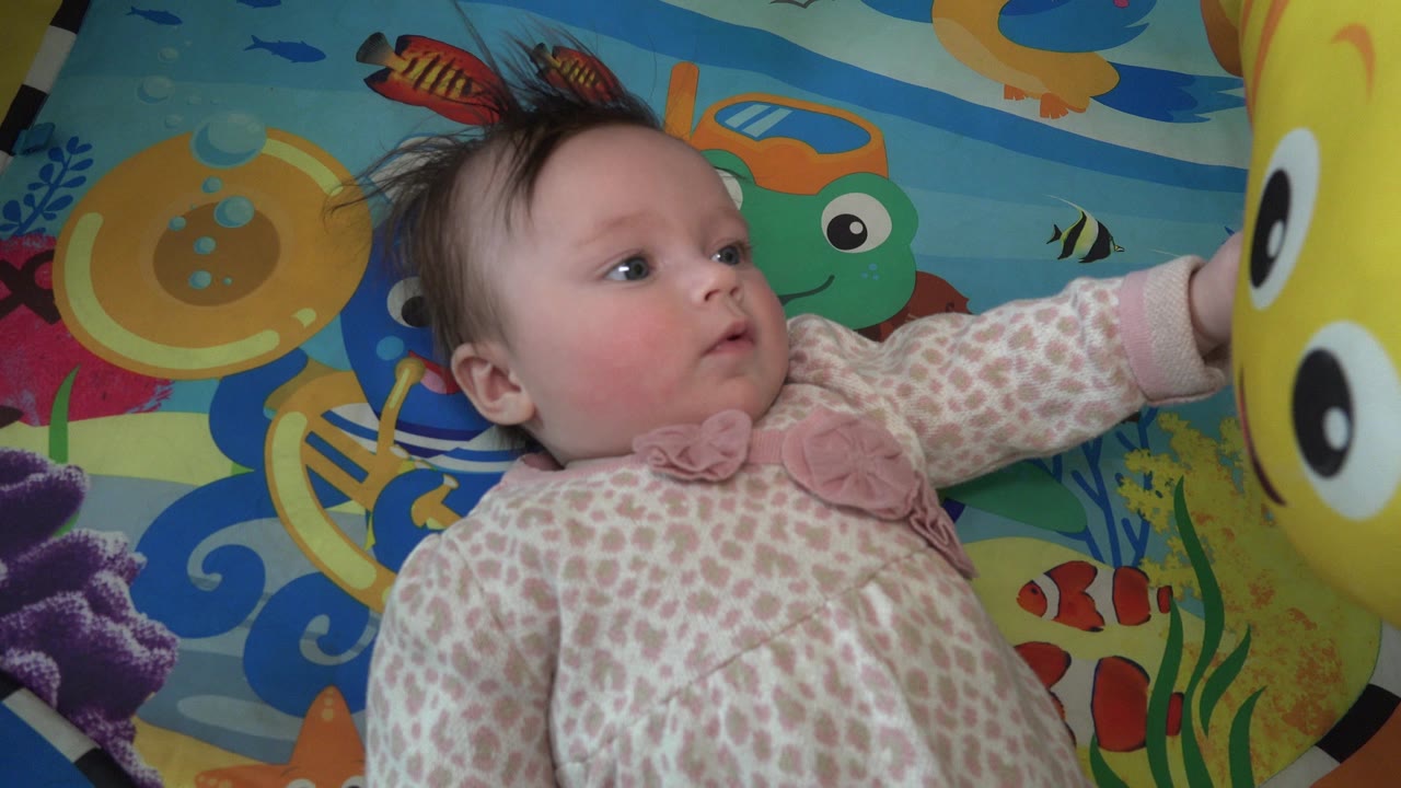 The baby remains on the bright play mat in Westminster, Colorado, with eyes turned toward the yellow stuffed toy and one arm reaching near it.