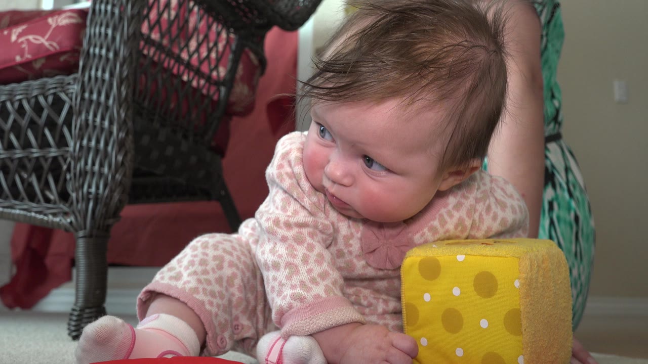 At 0:02, the infant looks toward the right side of frame while sitting next to the yellow plush cheese toy, with the adult partly cropped behind in the Westminster, Colorado home interior.