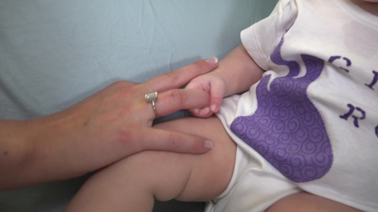 Close Westminster, Colorado frame of an adult hand with rings touching a baby's leg and hand while the baby lies in a white onesie with a purple graphic.