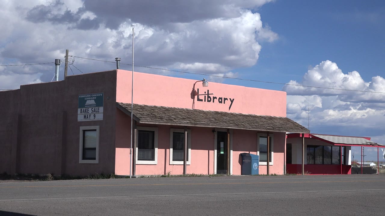 Pink library building across a paved street under large clouds.