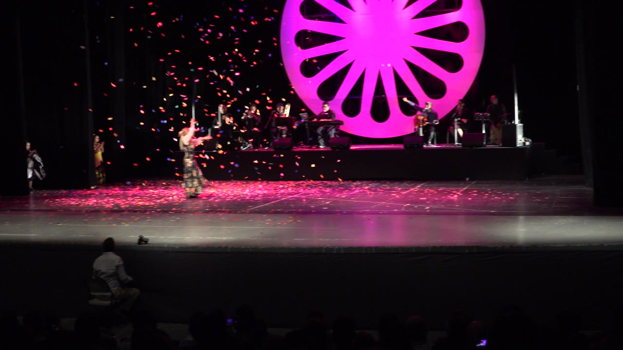 Wide stage view with dancer, confetti, pink backdrop, and musicians.