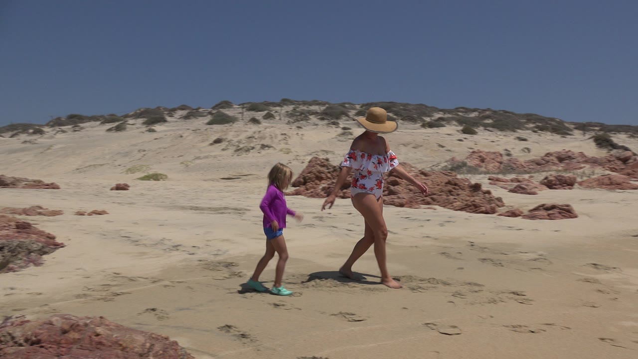 Mother and young daughter walking across a sandy beach.