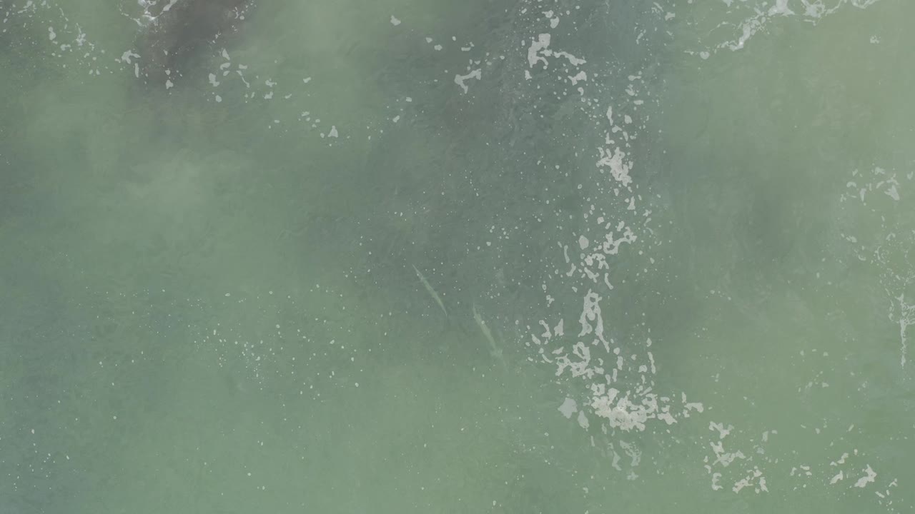 Overhead green ocean surface in Baja California Sur, Mexico, with white foam gathering toward the lower-left portion of the frame and no visible people.