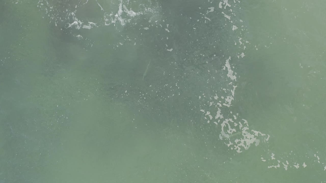 Clear green ocean water in Baja California Sur shows a loose cluster of white foam along the right side and faint darker areas below, with no visible people.