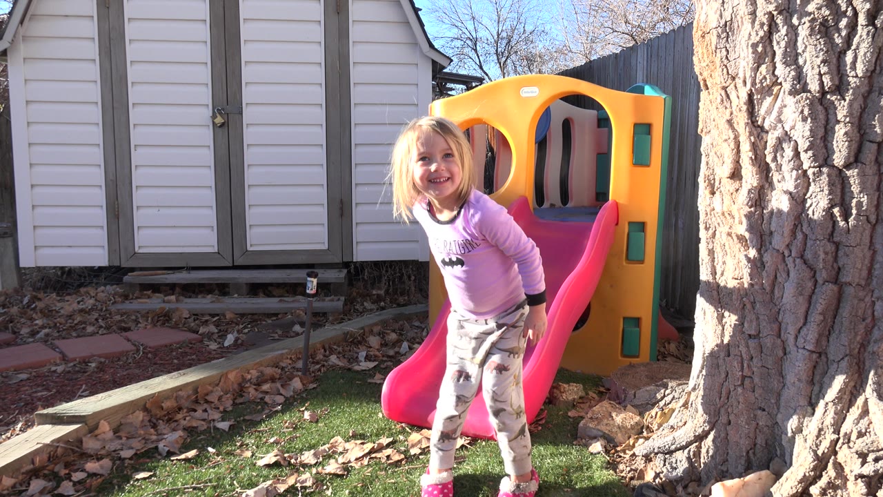 Young girl smiling beside a backyard slide.