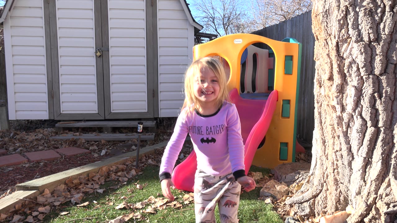 In Westminster, Colorado, the girl remains near the slide in bright sunlight, with the playhouse behind her and gray shed doors across the yard.