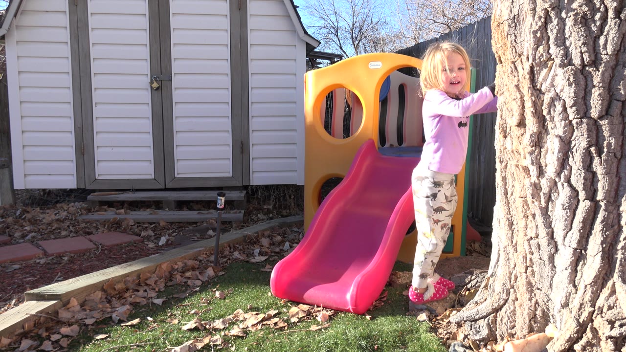 Young girl beside a tree near a red slide and yellow playhouse.