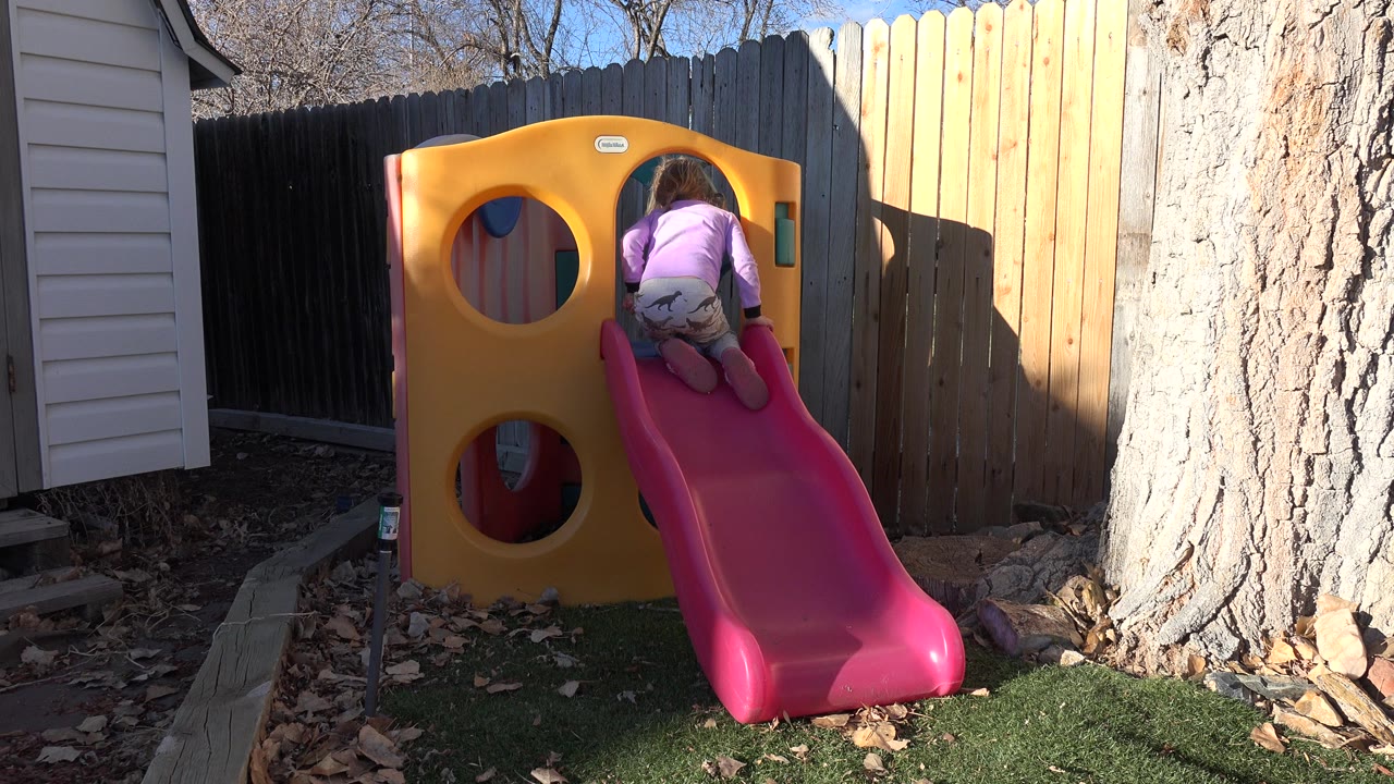 Young girl climbing onto a pink backyard slide.