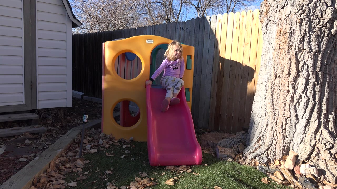 The child has shifted lower on the red slide, framed by the yellow play structure, fence boards, tree trunk, grass, and sunlit house siding in the Westminster backyard.