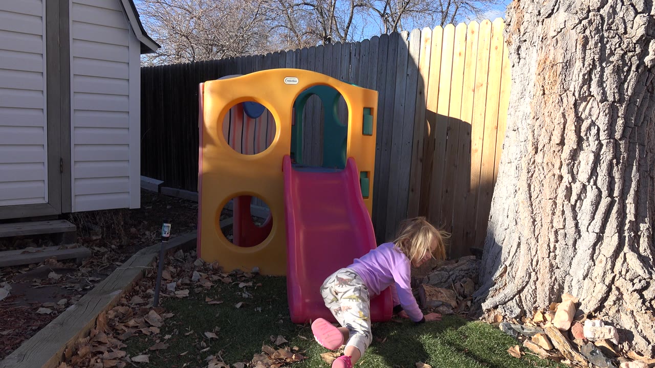 Young girl crawling near a pink backyard slide.