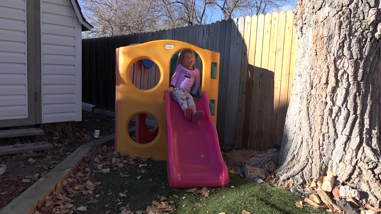 At 0:01, the child remains seated on the pink slide, with the yellow play structure centered against the fence and the large tree trunk filling the right side of the Westminster backyard frame.