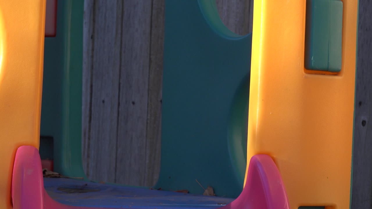 Close view of the playset and wood fence in strong sunlight.