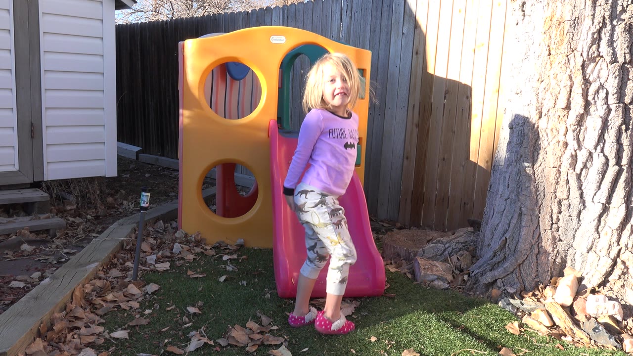 Blond girl standing beside a small backyard slide.