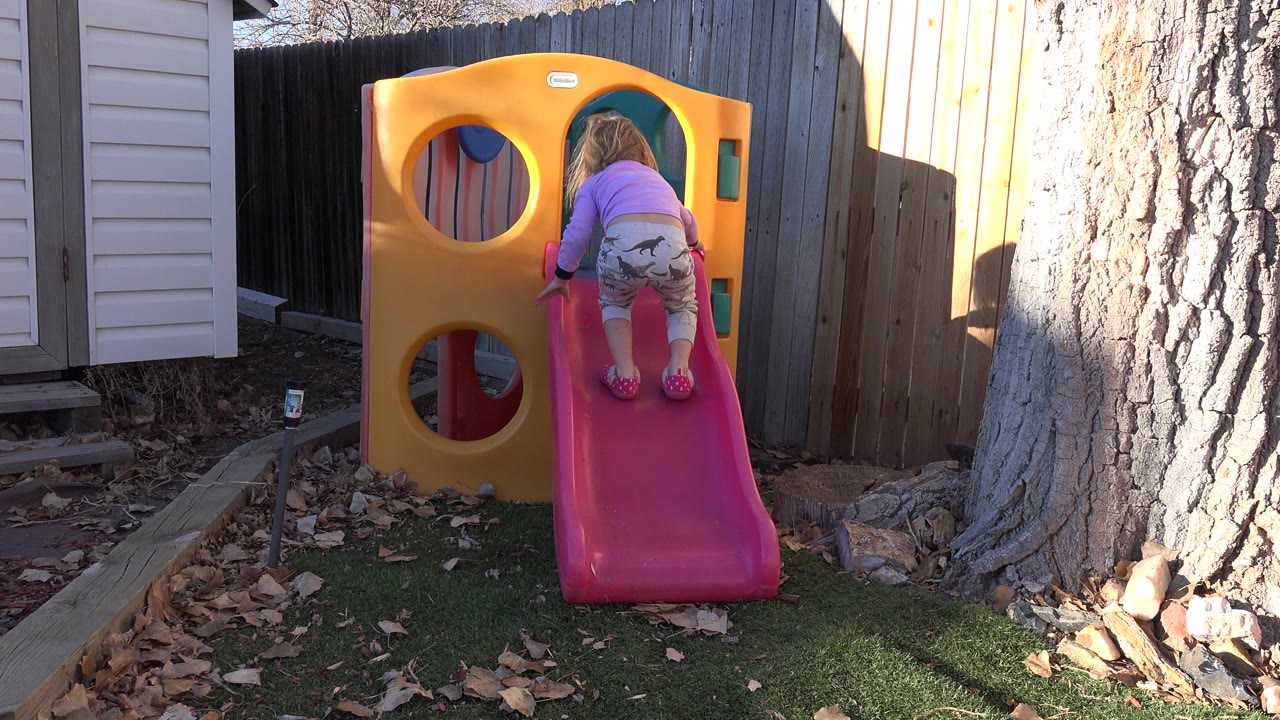 Young girl climbing a pink slide in a backyard playset.