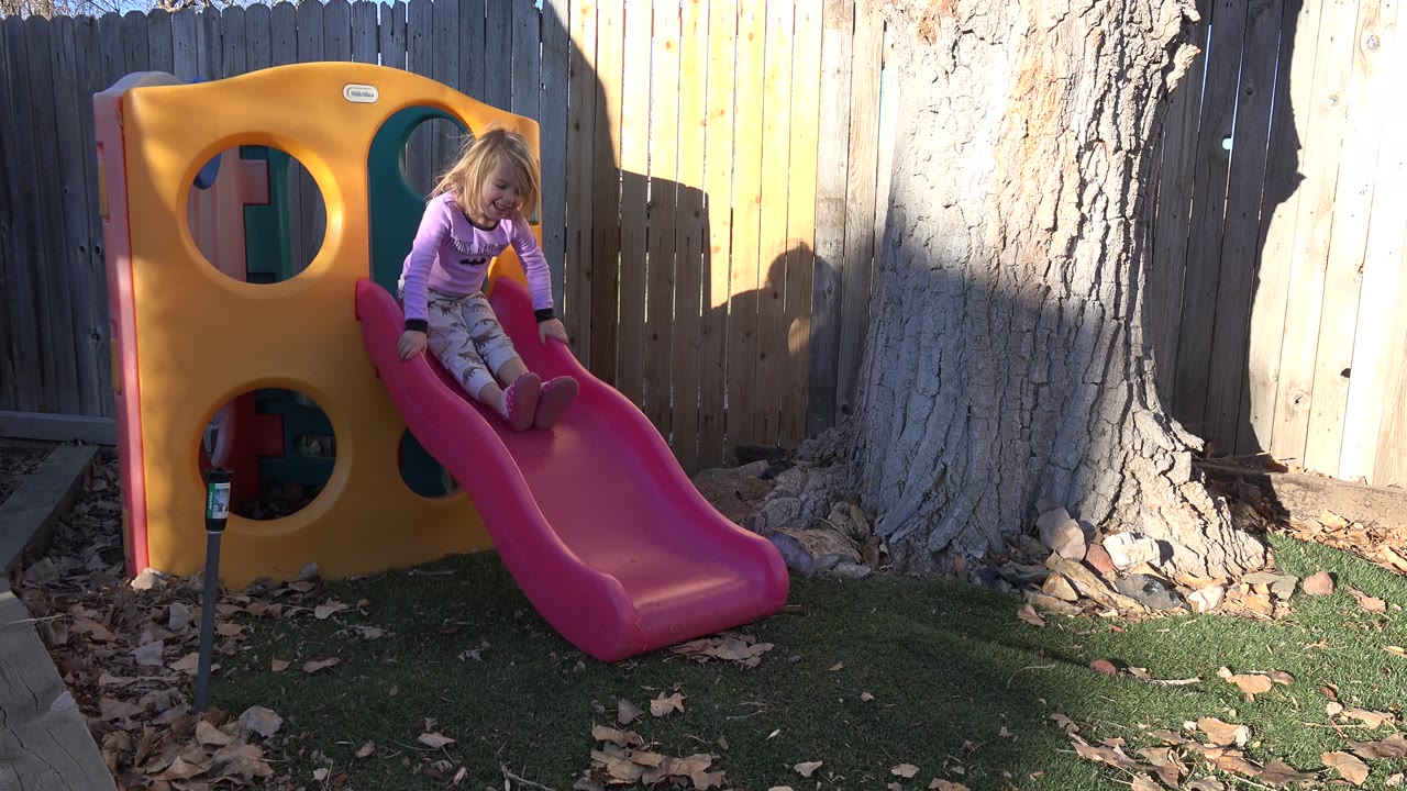 The girl is partway down the red slide attached to the yellow playhouse, with bright sun on the fence and a large tree trunk filling the right side of the backyard frame.