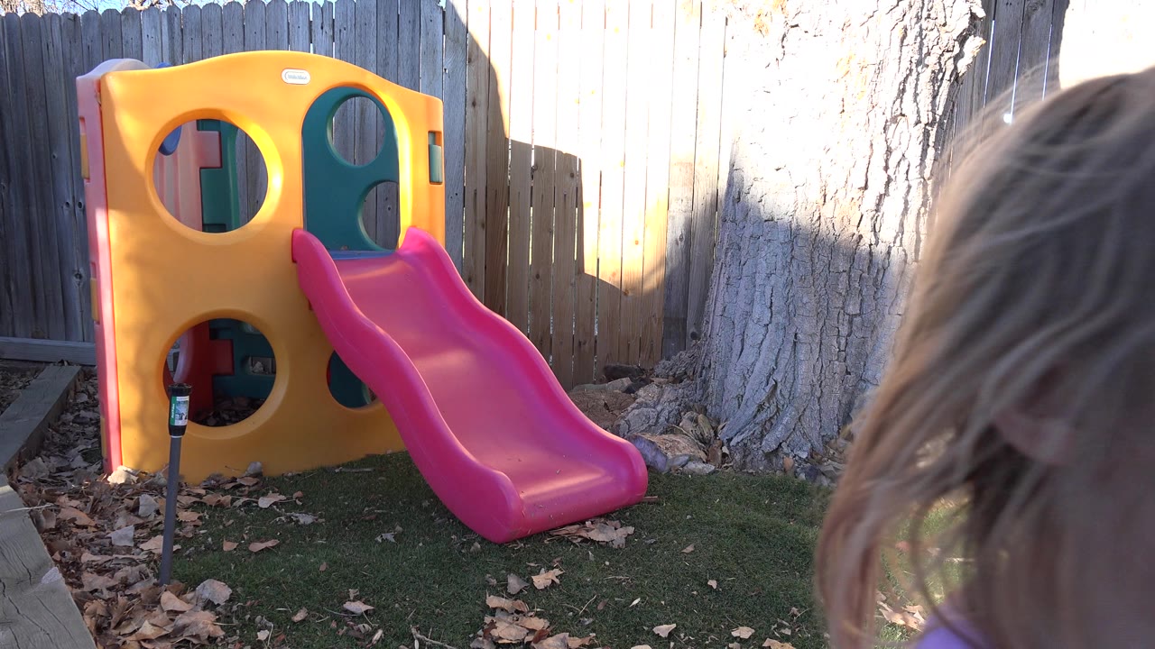 The yellow play structure with a pink slide stands on a small lawn in Westminster, Colorado, with no visible people in this frame.
