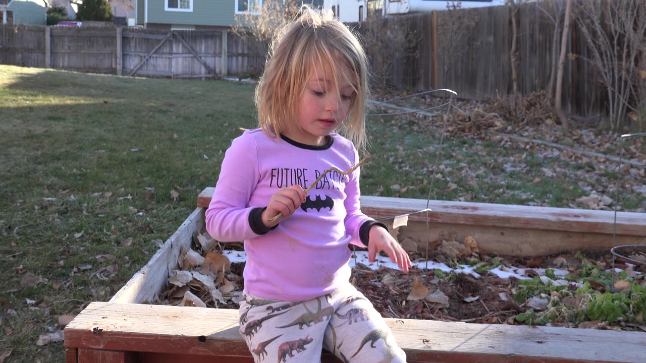 Young blond girl in a pink shirt beside a raised garden bed.