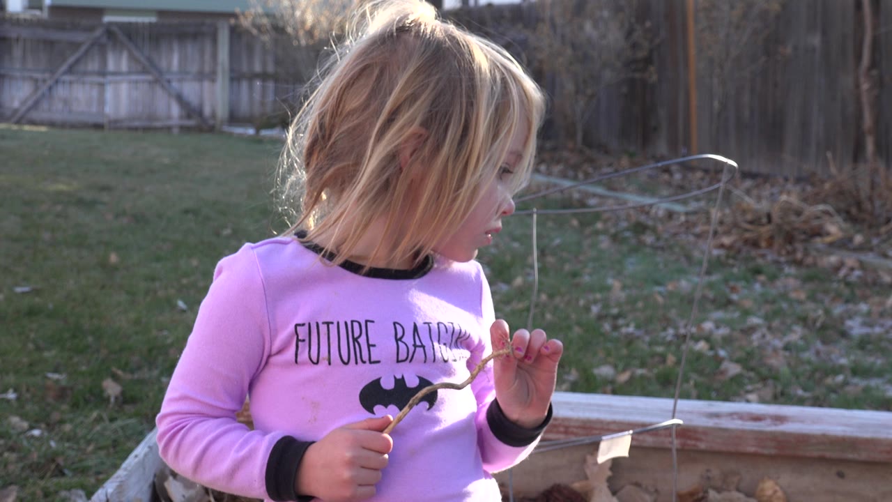 Young blond girl in a pink shirt holds a stick in a backyard.