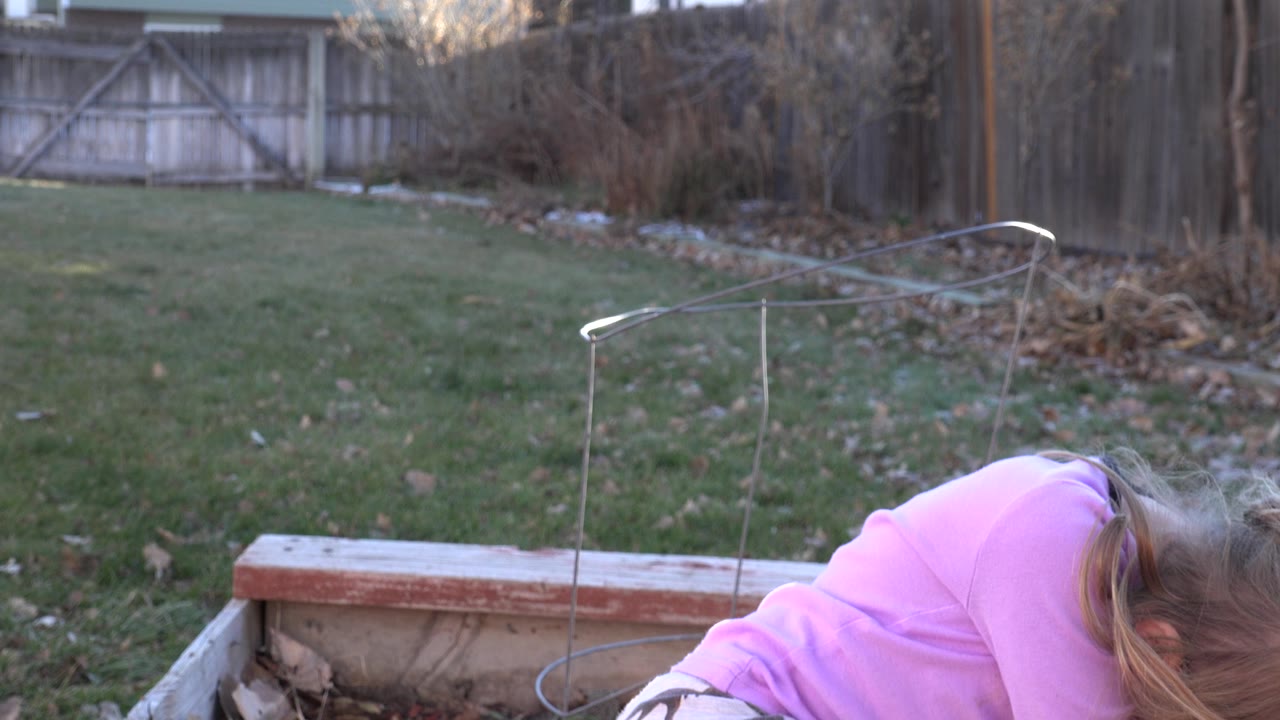Girl's head and pink sleeve near a planter in a fenced yard.