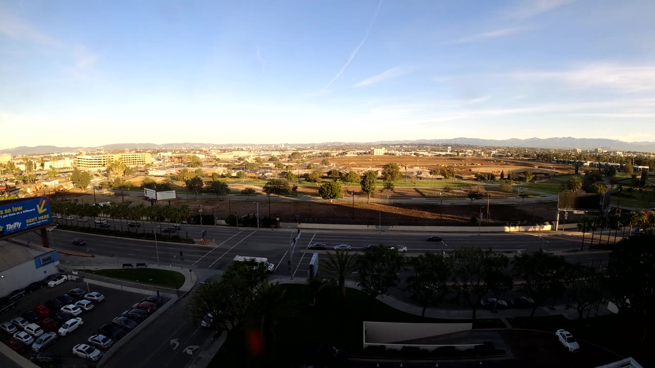 High Los Angeles city view with cars spaced across the road, shadowed trees and parking in front, sunlit buildings beyond, and no visible people.