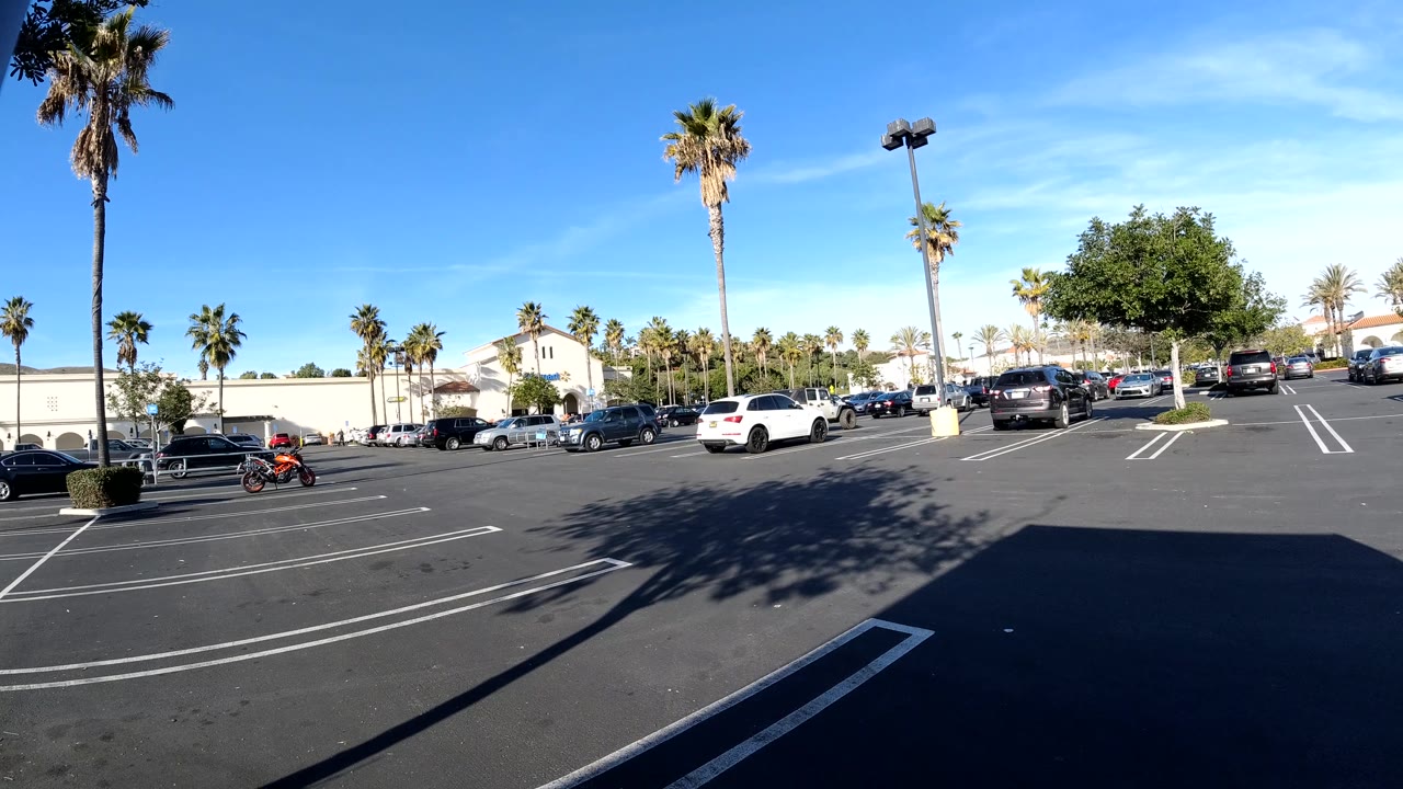 Orange, California parking area with a broad asphalt foreground, several parked cars, tall palm trees, a light-colored building, blue sky, and no visible people.