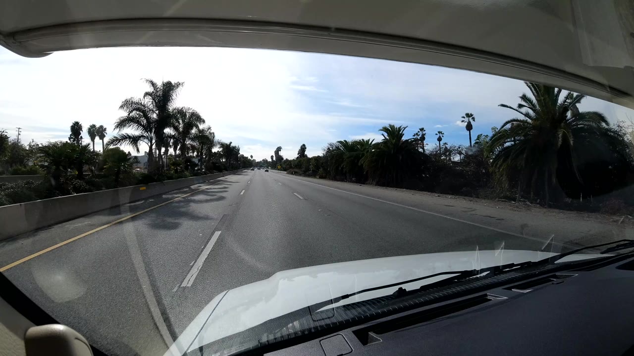 Forward view from inside a vehicle on a California coast highway, with open lanes, palm trees, dense roadside greenery, bright sky, and no visible people.