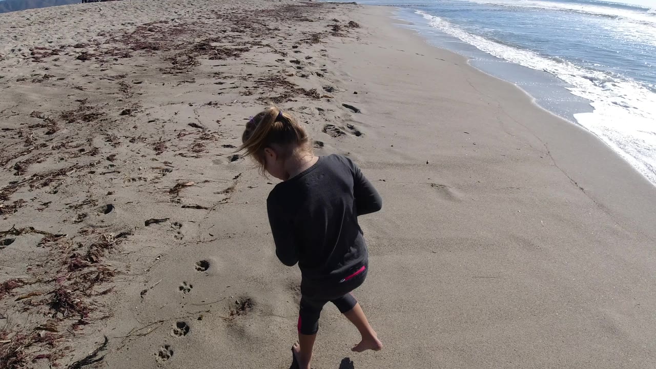 At Trestles Beach, California, a young girl in dark beachwear walks on the sand while white surf runs along the upper right of the frame.