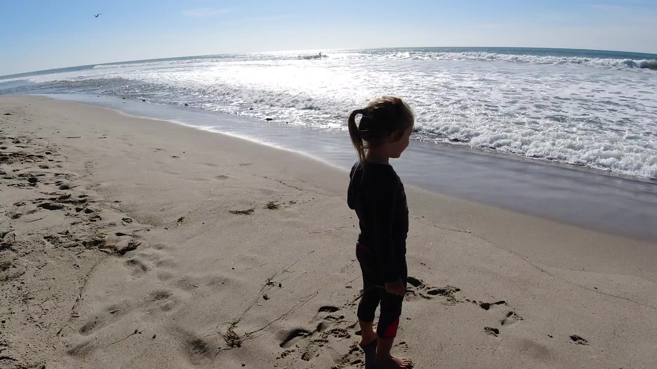 Girl stands facing the surf on a sunny beach.