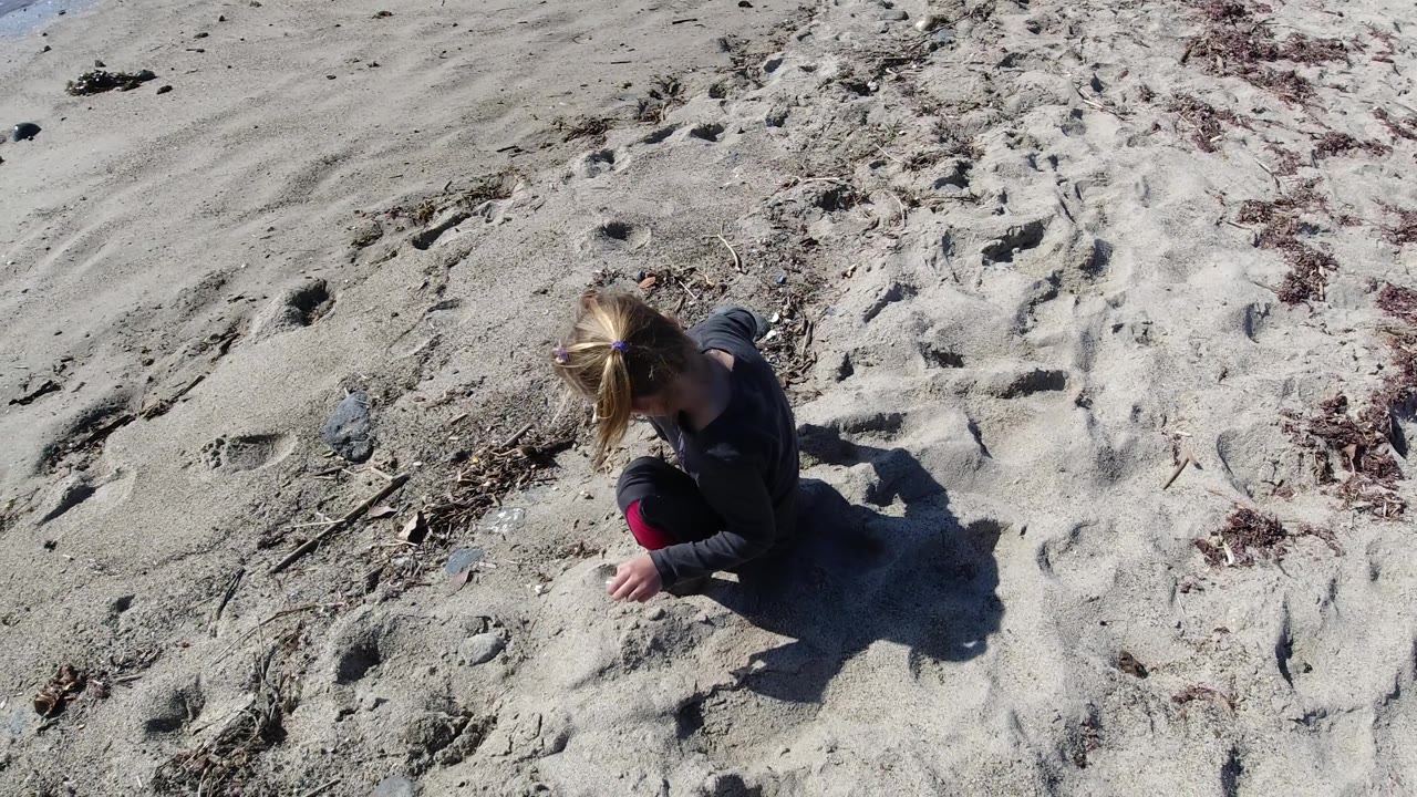 The girl remains seated in the lower part of the overhead Trestles Beach, California frame, with textured sand, footprints, and seaweed patches extending behind her.