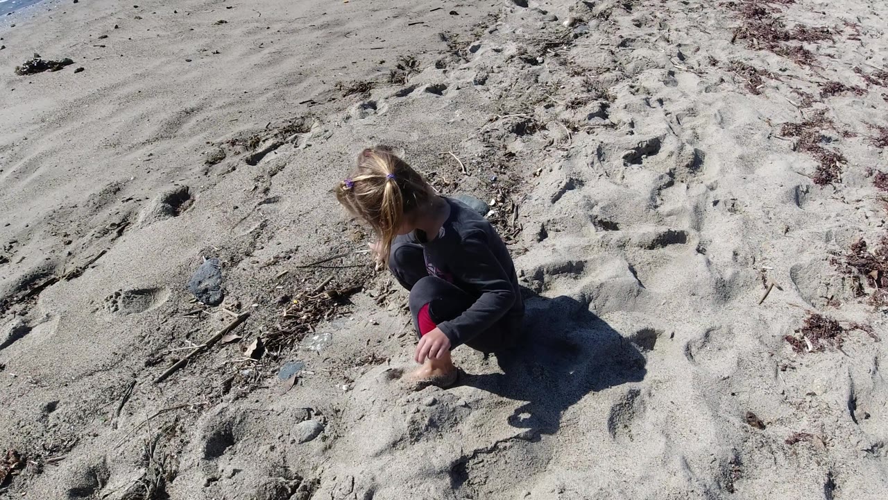 A young child crouches with head turned down on Trestles Beach sand, framed by footprints, seaweed, sticks, and strong daylight shadows.