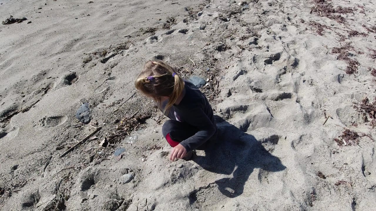 Child leaning over sand with hand near beach surface.