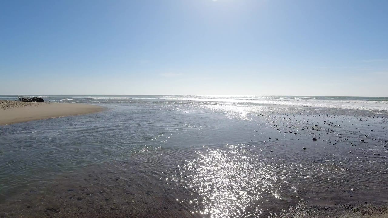 Opening frame at Trestles Beach, California: low-angle wide view of the wet intertidal zone, midday sun producing specular highlights across foreground water and sand, scattered dark objects throughout, clear blue sky above; no people visible.