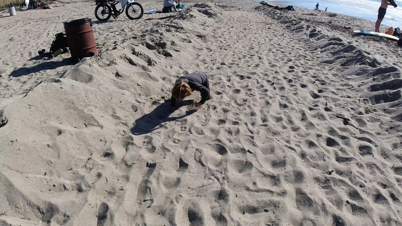 Adult female continues crawling across sunlit sand with beach gear in the background.