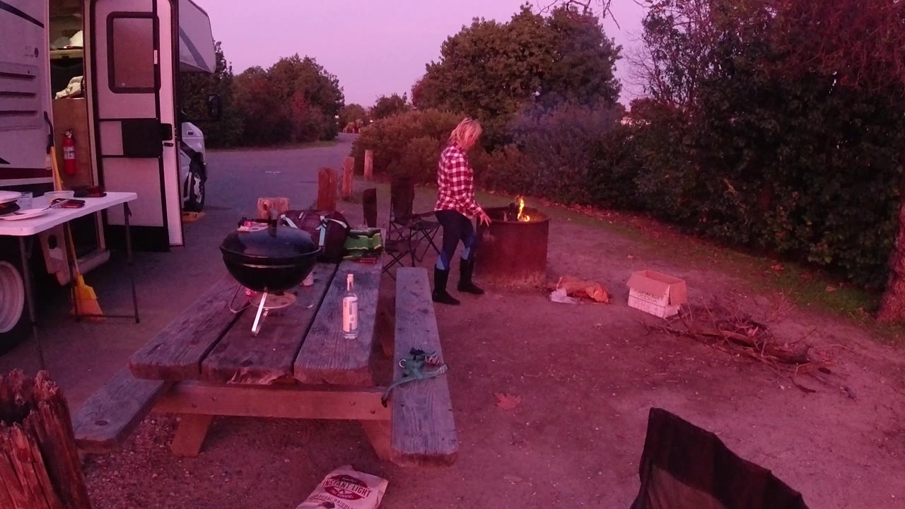 The woman remains near the small fire at the Trestles Beach campsite, with the picnic table, grill, chairs, shrubs, and road visible around her.