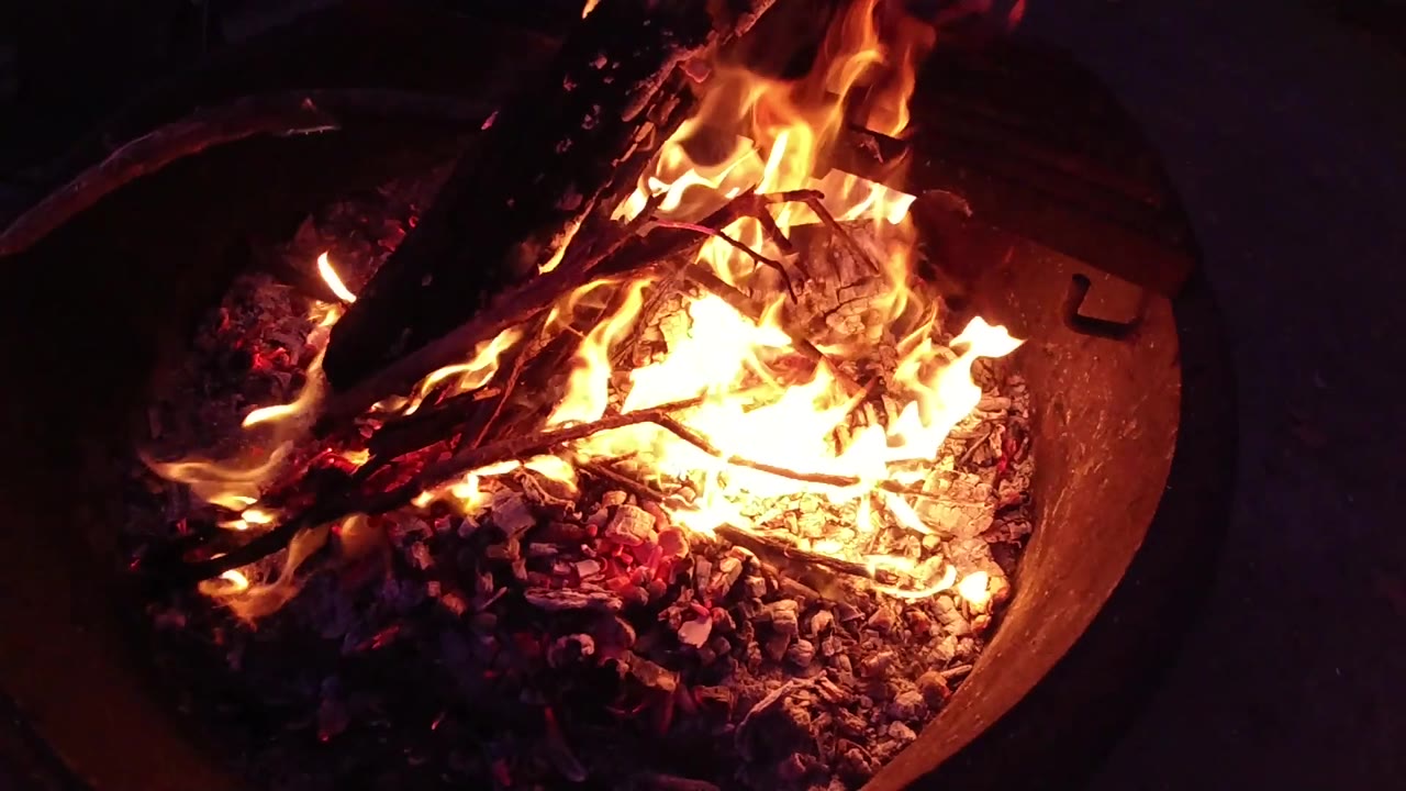 At Trestles Beach, California, the fire flares across thin branches and larger logs while the surrounding area remains dark, with no visible people.