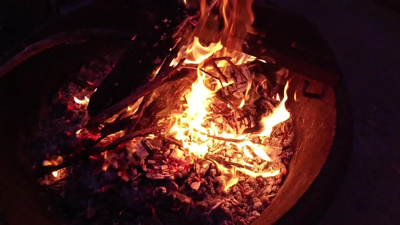 At 0:00, orange flames rise from sticks and glowing coals inside a round fire pit in the Trestles Beach, California clip, with no visible people.